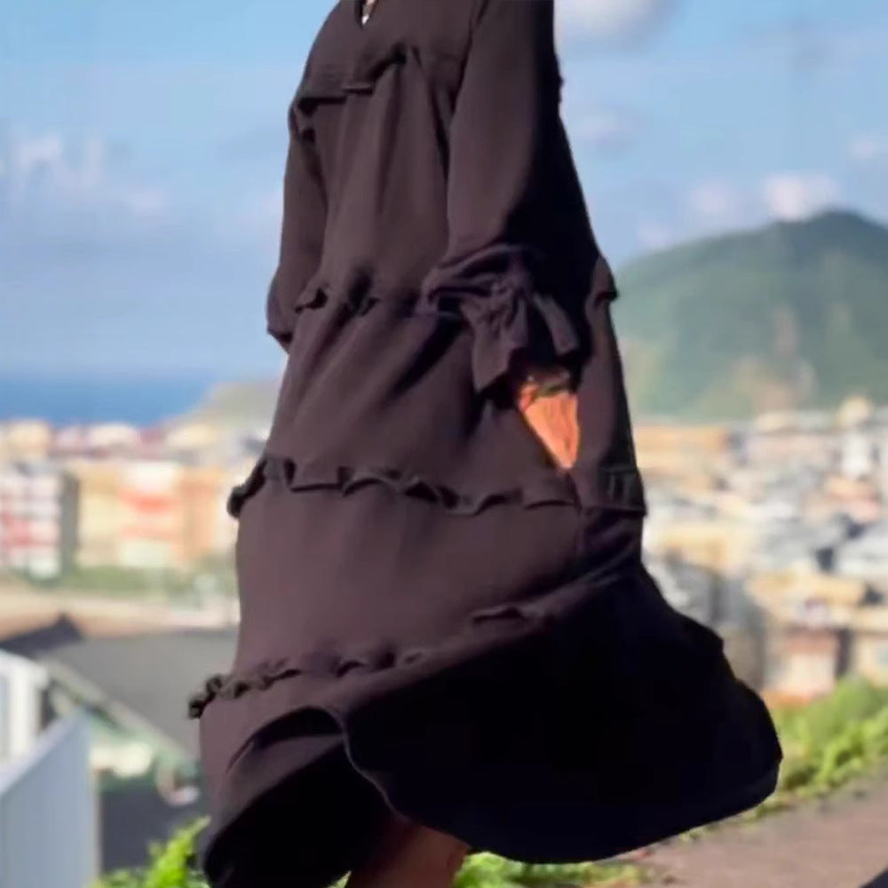 Women's nan castiges tiered midi dress with ruffled collar, gathered cuffs, and hidden side pockets Mune Fashion
