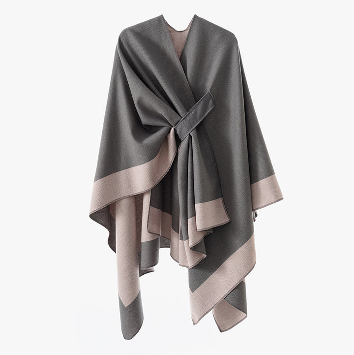 Women Soft Knit Poncho with Belt and Contrast Edge Mune Fashion