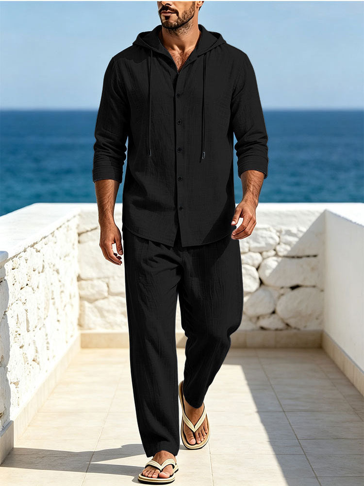 Men's Breathable Cotton Gauze Loungewear Set with Hooded Shirt and Loose Summer Pants Mune Fashion