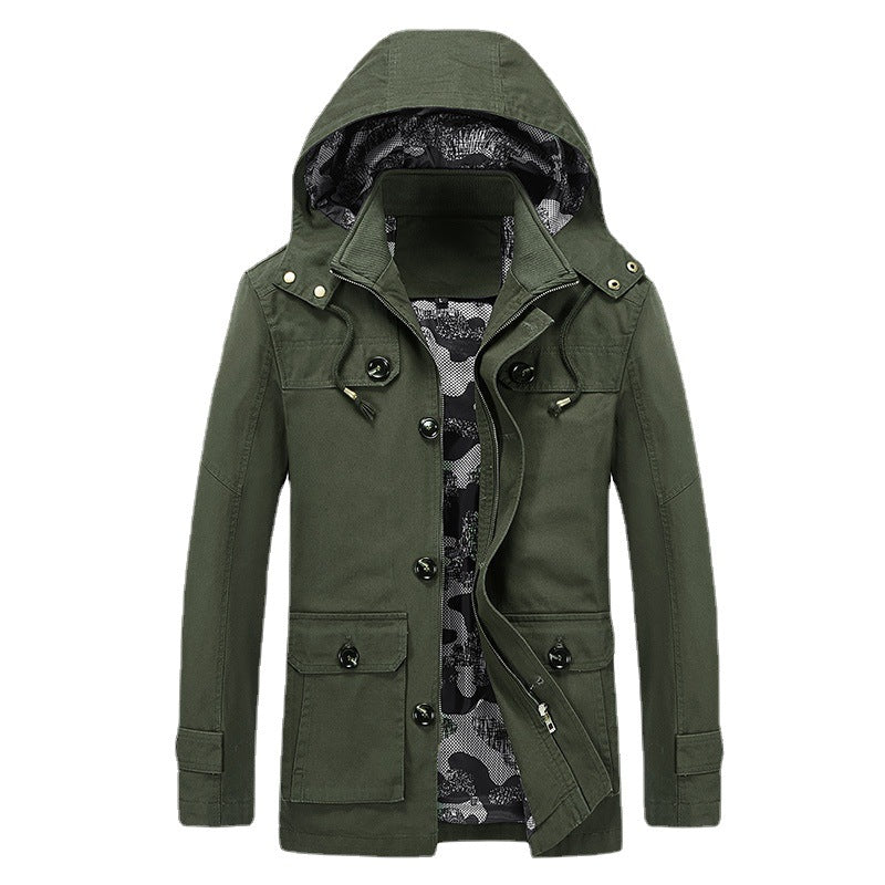 Men's canvas hooded parka with camouflage lining, utility pockets, and hidden zipper placket Mune Fashion