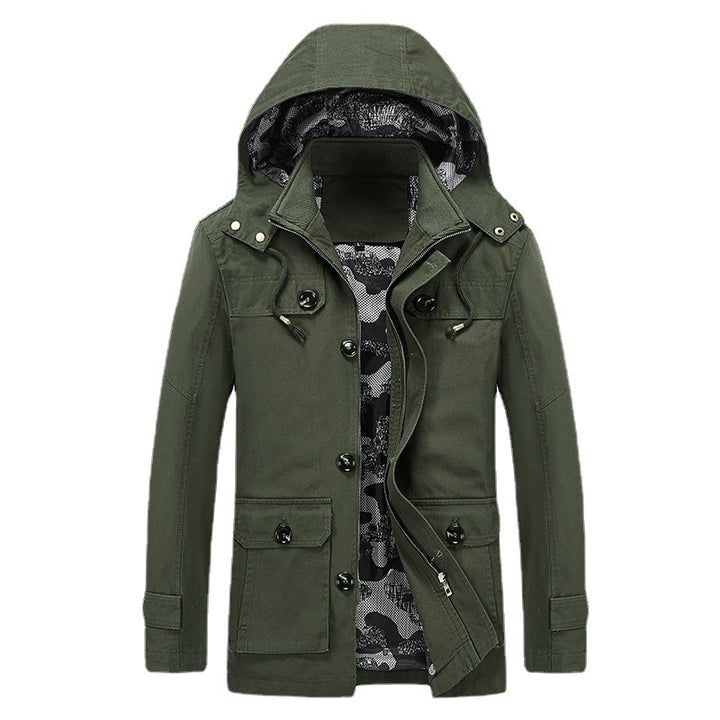 Men's canvas hooded parka with camouflage lining, utility pockets, and hidden zipper placket Mune Fashion