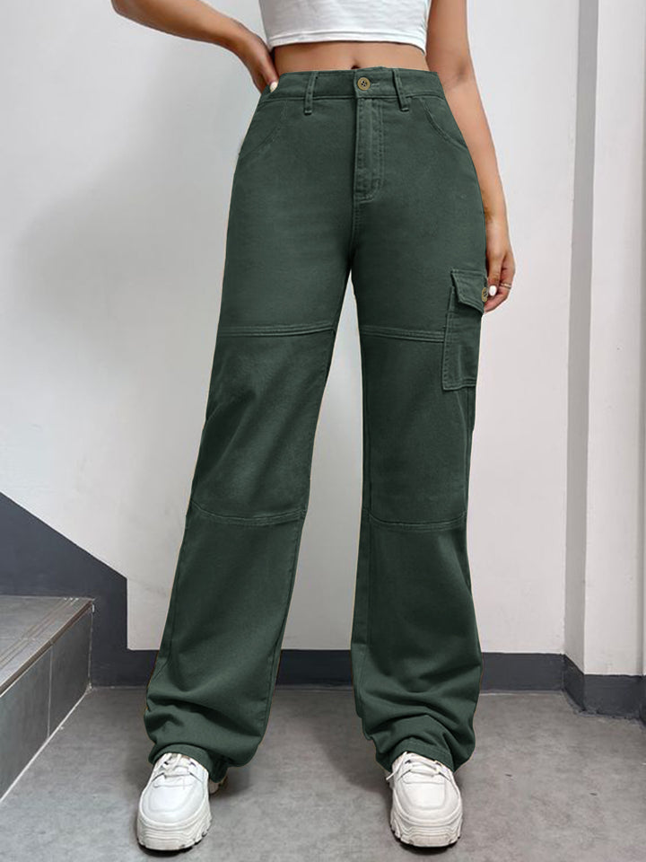 Women's High-Waisted Cargo Palazzo Pants with Seam Segments and Side Flap Pocket Mune Fashion