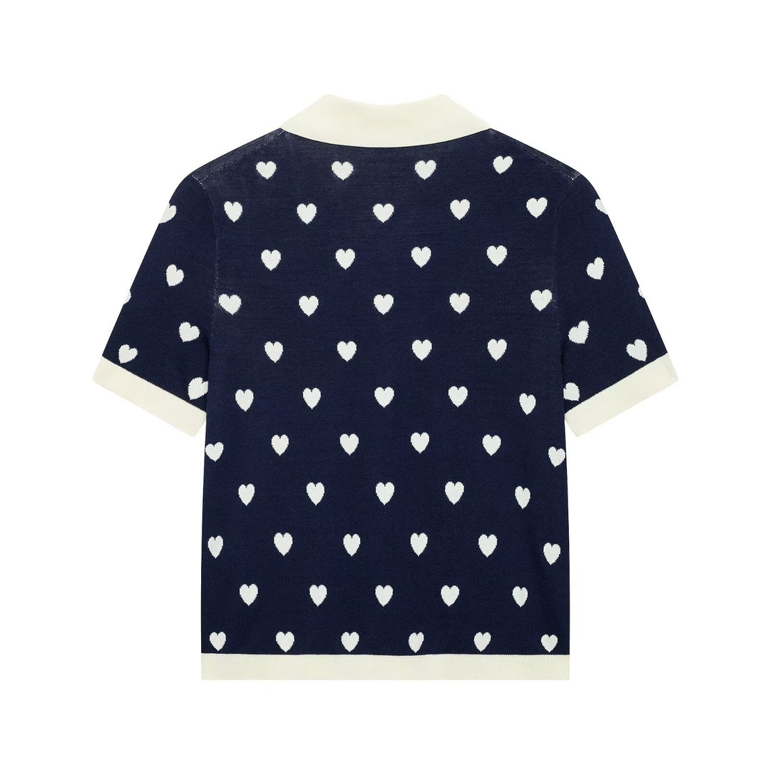 Women Short Sleeve Knitted Cardigan with Polo Collar and Heart Jacquard Mune Fashion