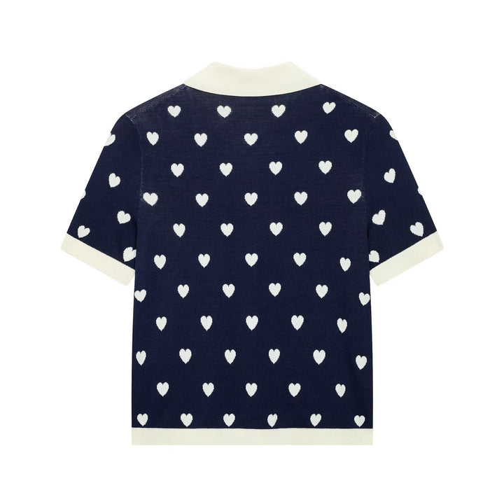 Women Short Sleeve Knitted Cardigan with Polo Collar and Heart Jacquard Mune Fashion