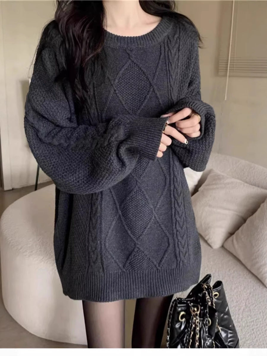 Women Oversize Cable Knit Long Sweater with Round Neck and Balloon Sleeves Mune Fashion