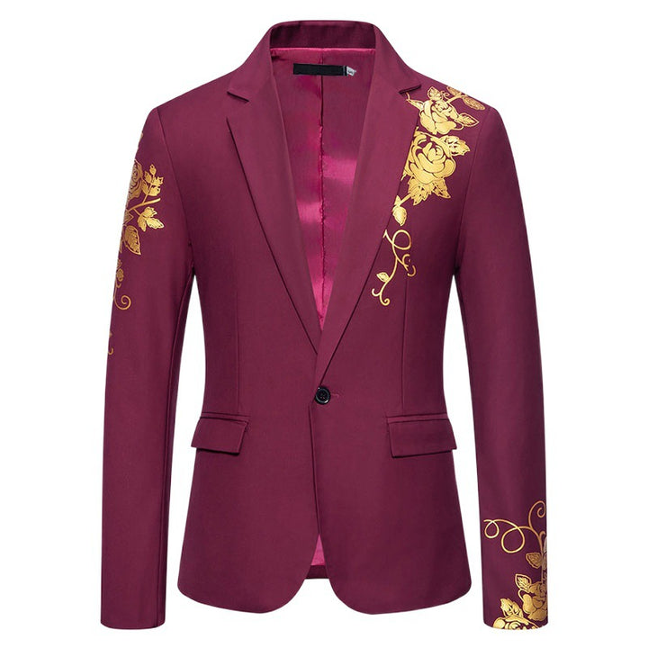 Men's single-breasted jacket with narrow lapels and golden rose print Mune Fashion