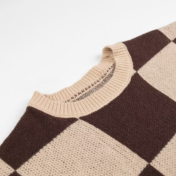 Women's Oversize Knit Sweater with Large Check Pattern and Ribbed Hem Mune Fashion