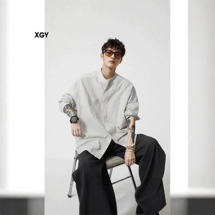 Men's Oversized Shirt with Standing Collar and Fine Pinstripe Mune Fashion