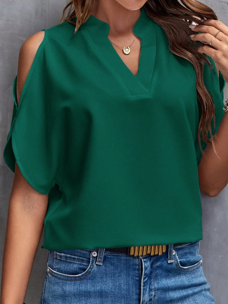 Women Off-Shoulder Chiffon Blouse with V-Neck and Stand-Up Collar Mune Fashion