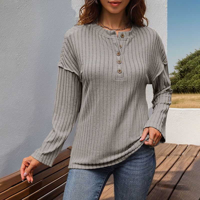 Women Ribbed Henley Sweater with Button Placket and Dropped Shoulder Mune Fashion