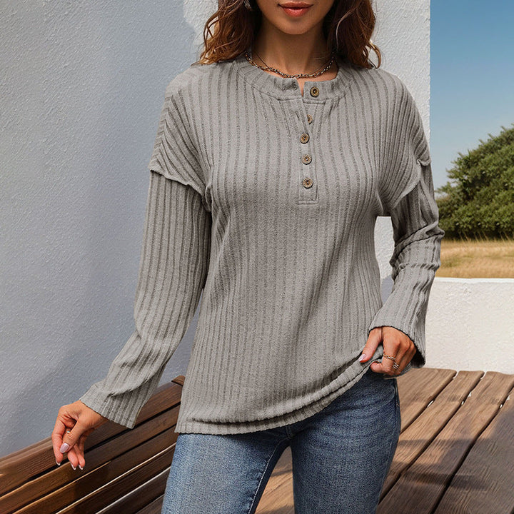Women Ribbed Henley Sweater with Button Placket and Dropped Shoulder Mune Fashion
