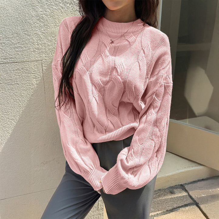 Women's cropped cable knit sweater with boxy silhouette, dropped shoulder, and ribbed hem Mune Fashion