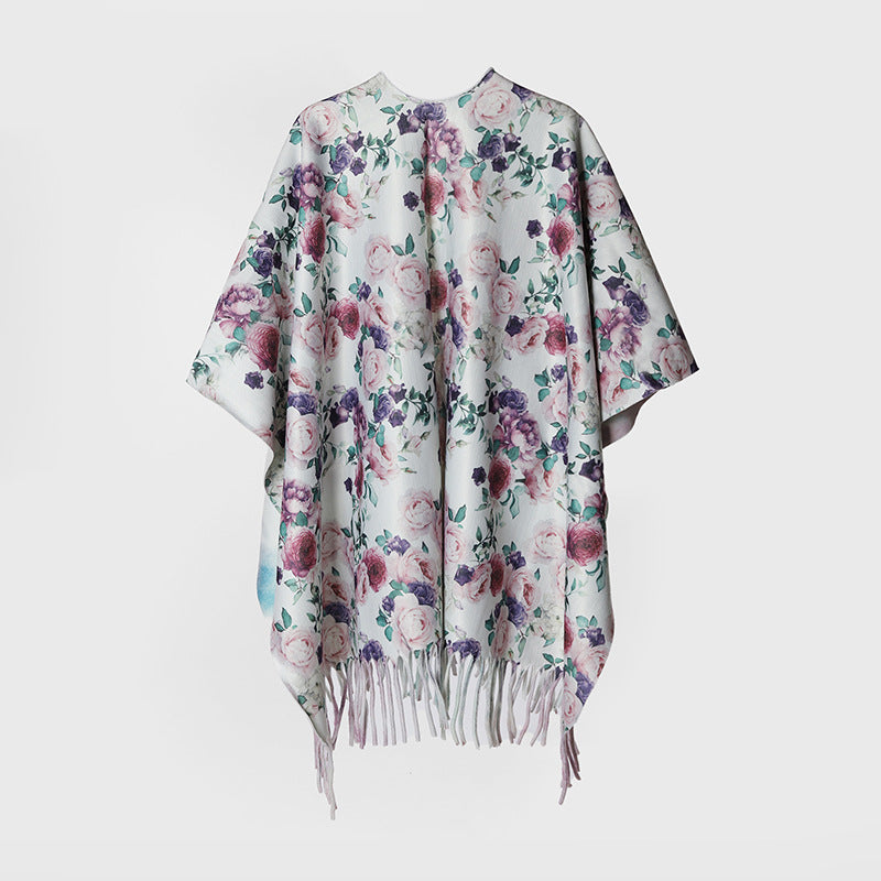 Women Flower Kimono Overshirt with Silk-like Drape and Fringed Hem Mune Fashion