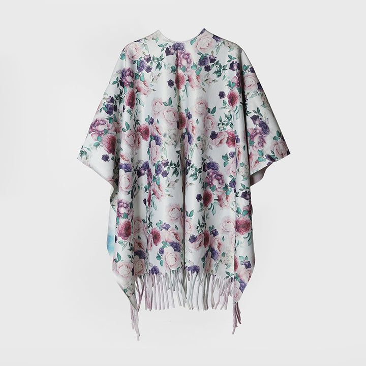 Women Flower Kimono Overshirt with Silk-like Drape and Fringed Hem Mune Fashion