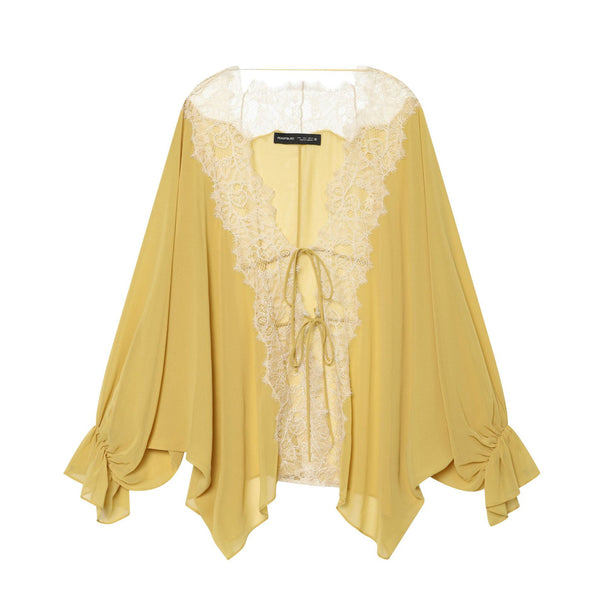 Women transparent chiffon kimono blouse with fine lace trim, cord tie and gathered sleeves Mune Fashion