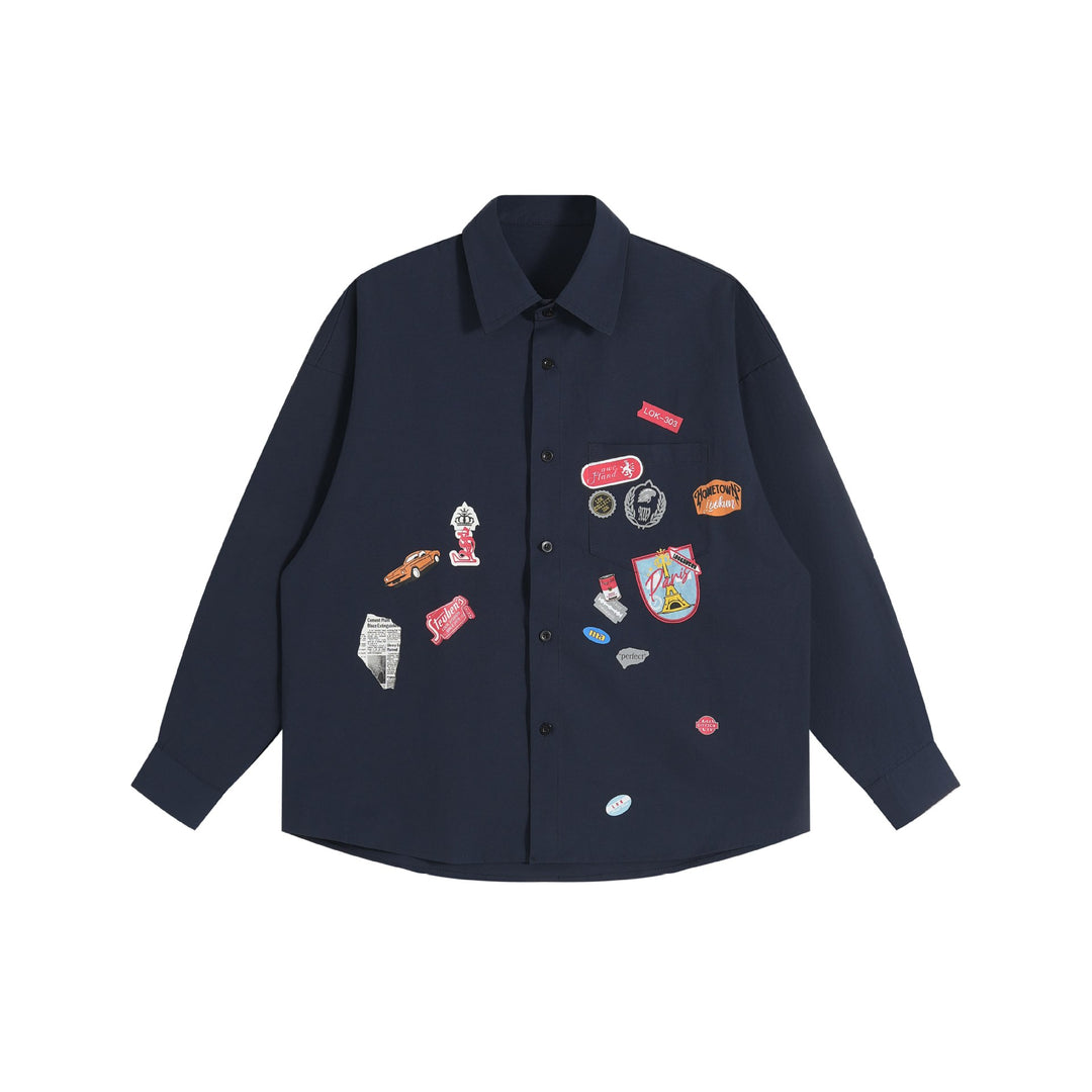 Unisex Loose Button-Down Shirt with vintage-inspired emblem patches and pocket Mune Fashion