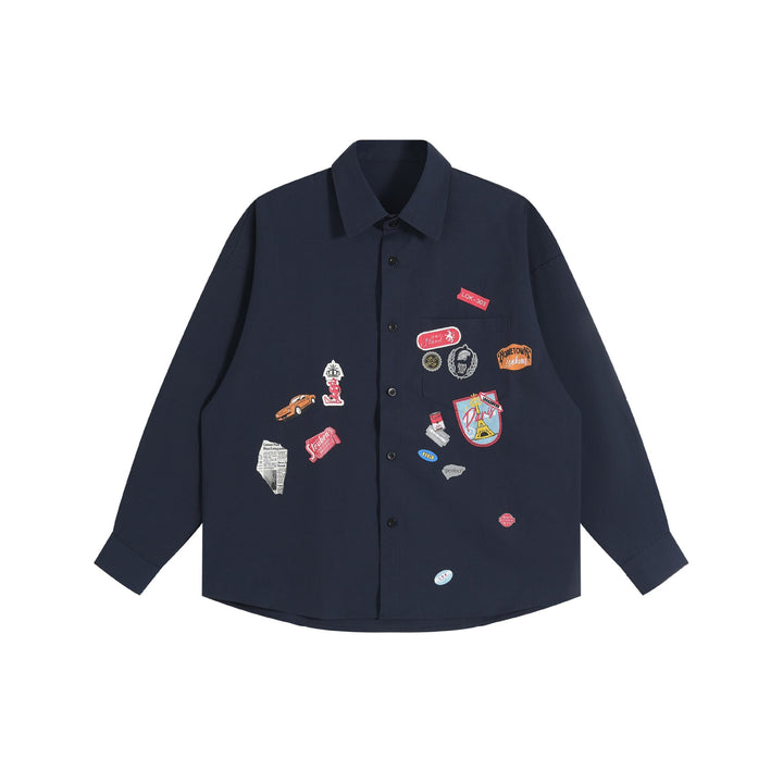 Unisex Loose Button-Down Shirt with vintage-inspired emblem patches and pocket Mune Fashion