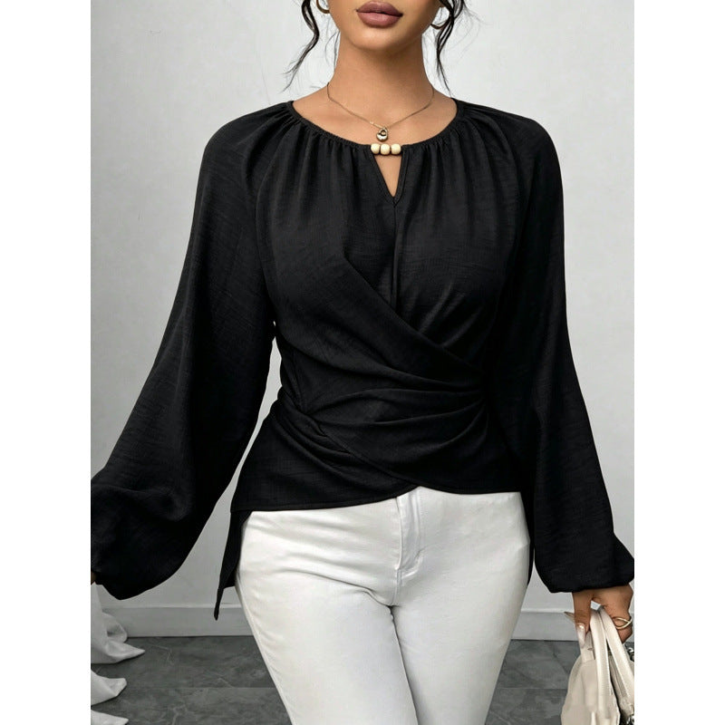 Women Tailored Wrap Blouse with Pearl Detail and Balloon Sleeves Mune Fashion