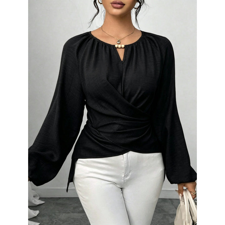 Women Tailored Wrap Blouse with Pearl Detail and Balloon Sleeves Mune Fashion