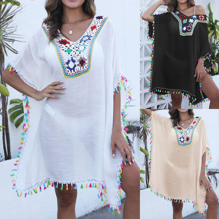 Women's crochet beach cover-up with colorful tassels Mune Fashion
