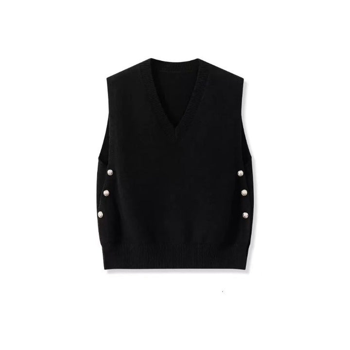 Women’s Sleeveless Fine Knit Vest with V-Neck and Side Button Placket Mune Fashion