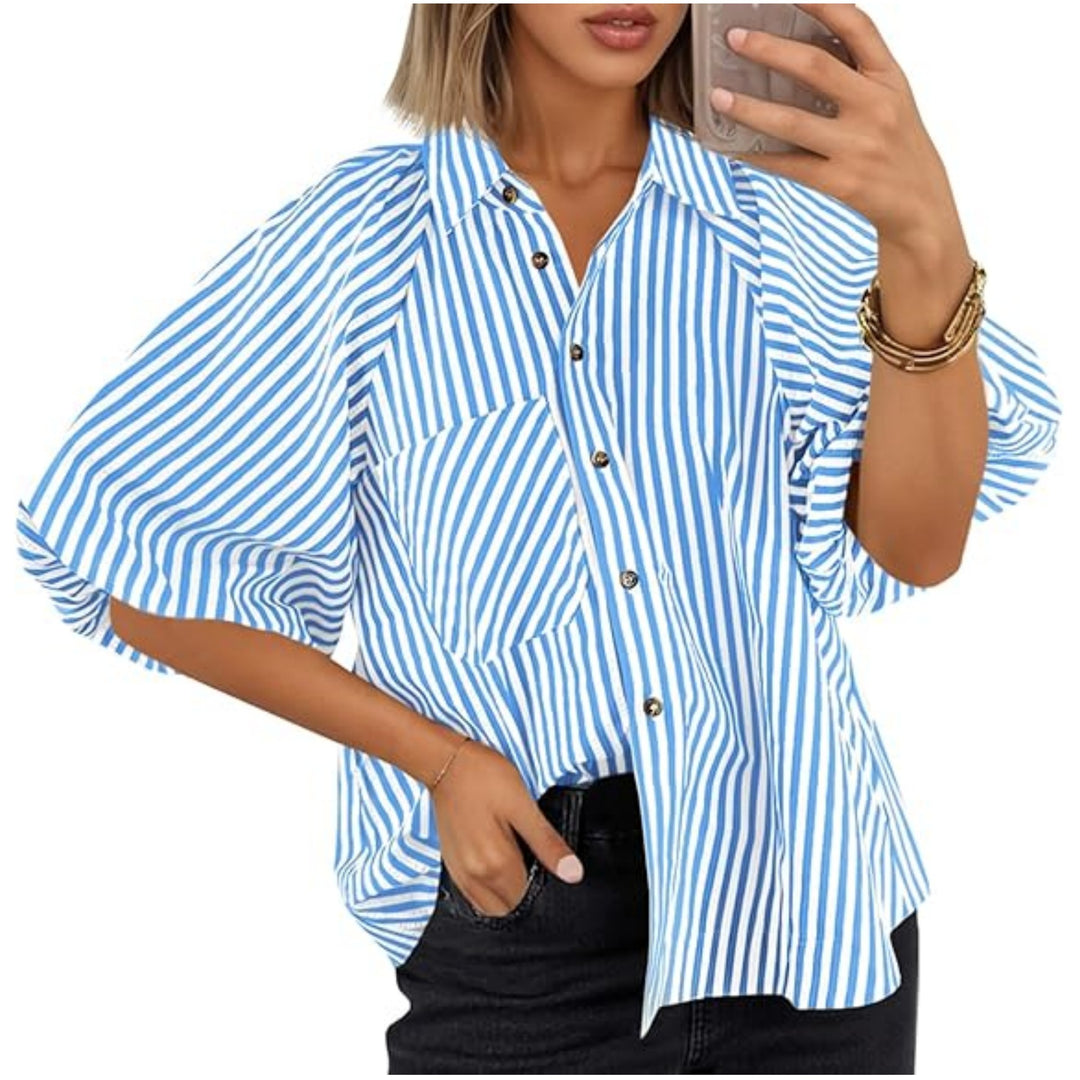 Women Oversize Shirt with Balloon Sleeves and Striped Pattern Mune Fashion