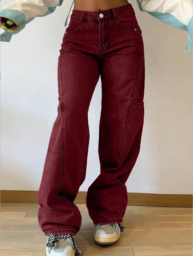 Women's High-Waist Wide Cargo Denim Pants with Seam Panels and Baggy Silhouette Mune Fashion