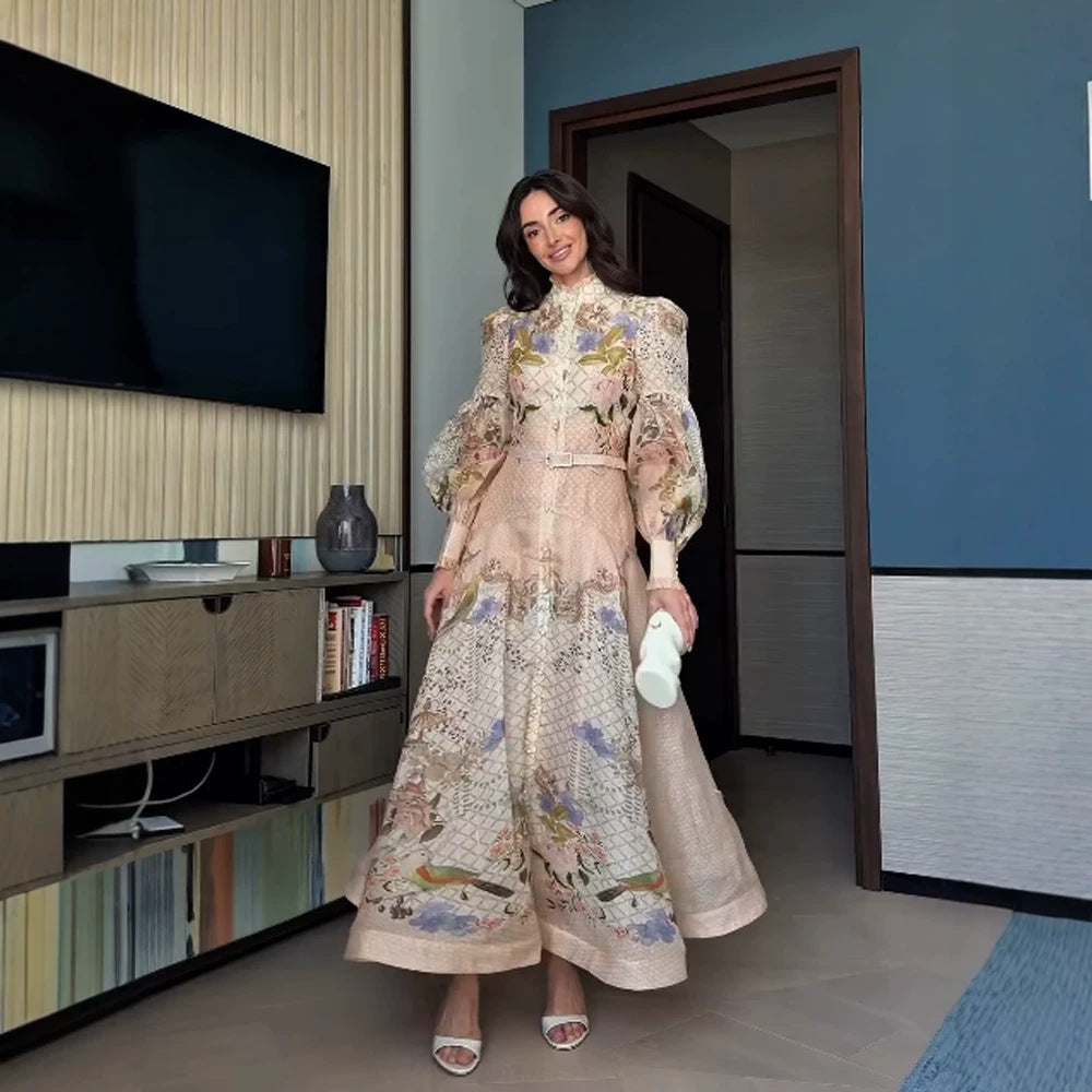 Women's maxi dress with floral print, button placket and voluminous puff sleeves Mune Fashion
