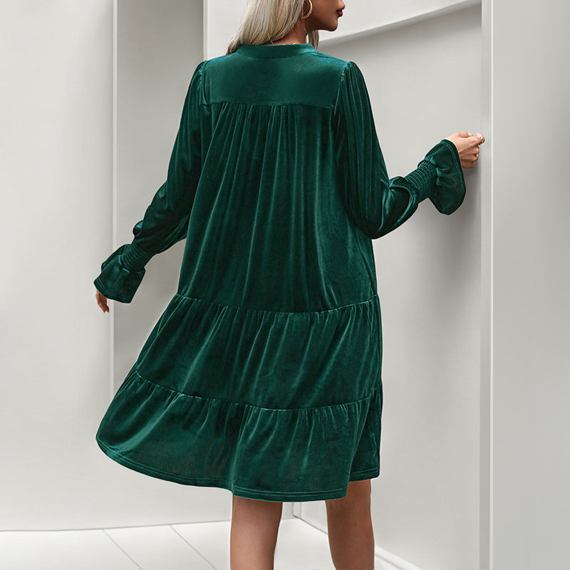 Women's velvet tiered dress with V-neck, gathered yoke, and balloon sleeves Mune Fashion