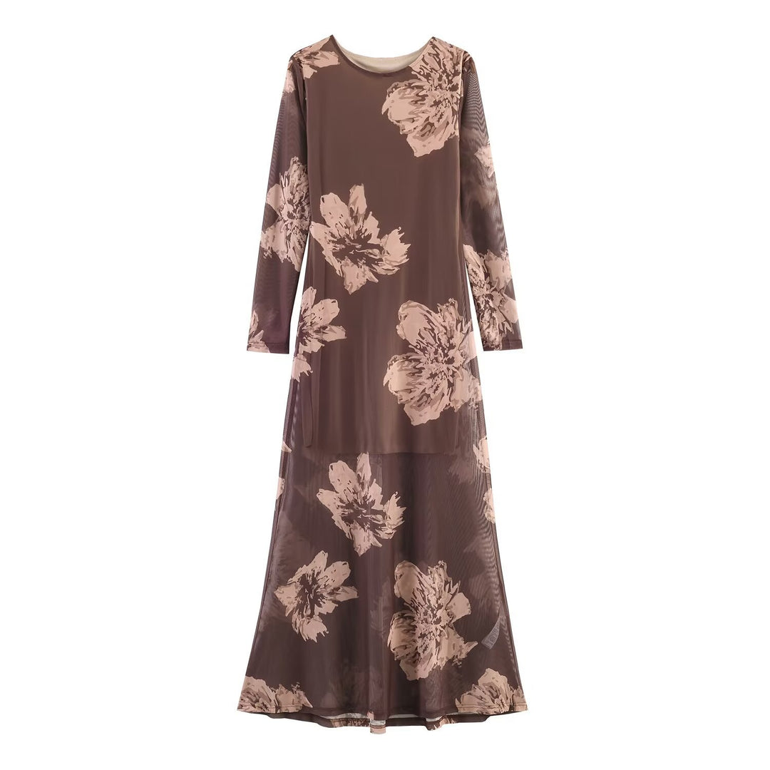 Women’s maxi dress with semi-transparent mesh overlay, long sleeves, and flared A-line Mune Fashion