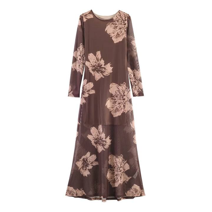 Women’s maxi dress with semi-transparent mesh overlay, long sleeves, and flared A-line Mune Fashion