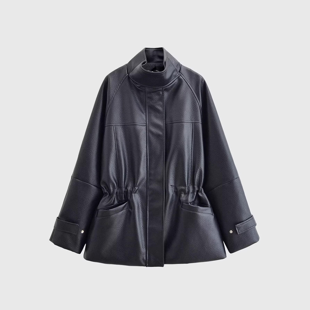 Women's Oversized Faux Leather Jacket with Stand Collar, Waist Drawstring and Patch Pockets Mune Fashion