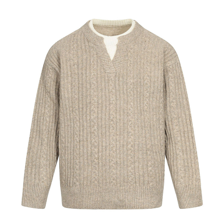 Men's cable knit sweater with V-insert and double roll collar Mune Fashion