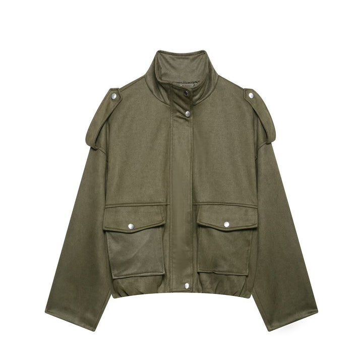 Women's Cropped Field Jacket in Suede Look with Stand-Up Collar, Shoulder Epaulettes, and Large Flap Pockets Mune Fashion