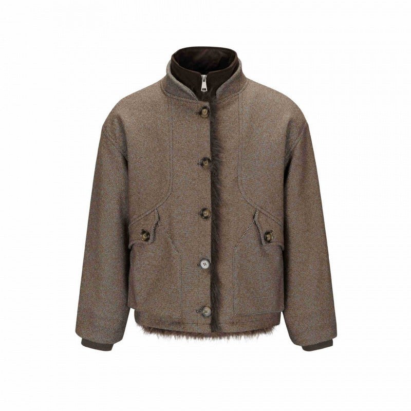 Women's Short Boxy Jacket with Teddy Lining, Stand Collar and Flap Pockets Mune Fashion