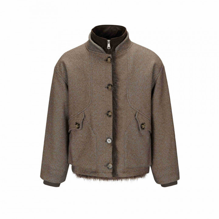 Women's Short Boxy Jacket with Teddy Lining, Stand Collar and Flap Pockets Mune Fashion
