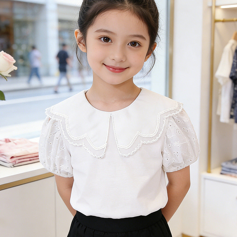Girls fashionable T-shirt with embroidered collar and puff sleeves Mune Fashion