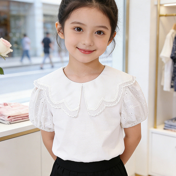 Girls fashionable T-shirt with embroidered collar and puff sleeves Mune Fashion