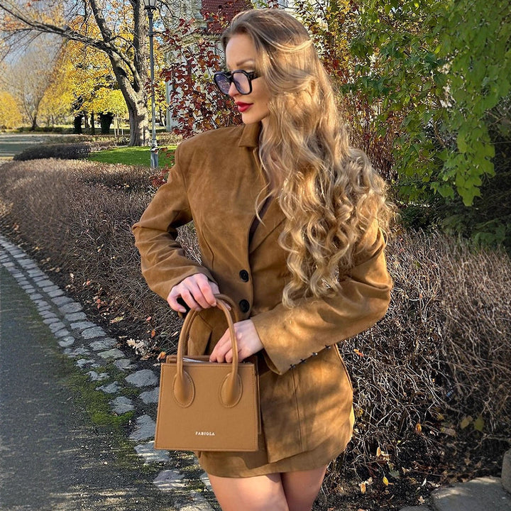 Women's Tailored Suede Leather Suit with Blazer and Mini Skirt, Figure-Shaping Cut