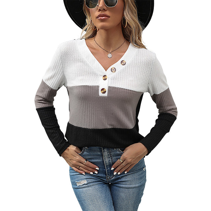 Women's Waffle Knit Long Sleeve with V-Neck and Henley Button Placket Mune Fashion