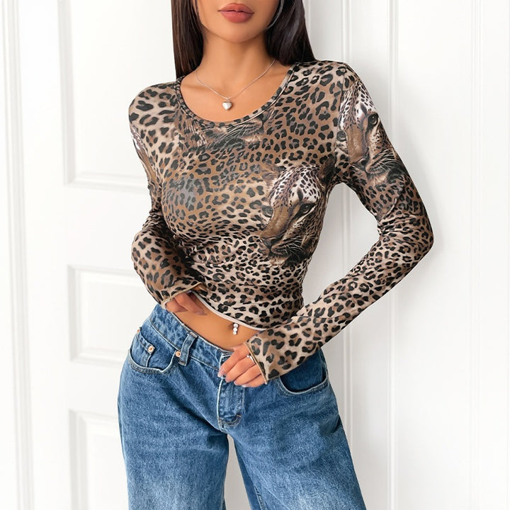 Women Trendy Long Sleeve Shirt with Leopard Print Mune Fashion