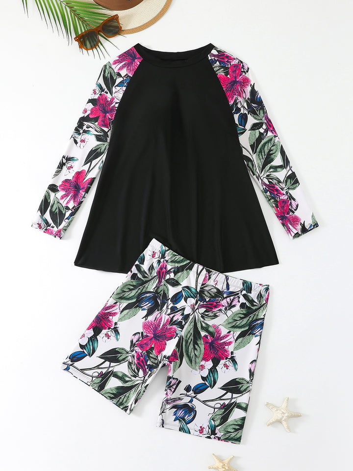 Women's UV Protection Surf Suit Set with Long Sleeves and Colorful Leaf Pattern Mune Fashion