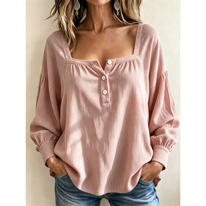 Women Long Sleeve Ribbed Structure Henley Shirt with Square Neckline Mune Fashion