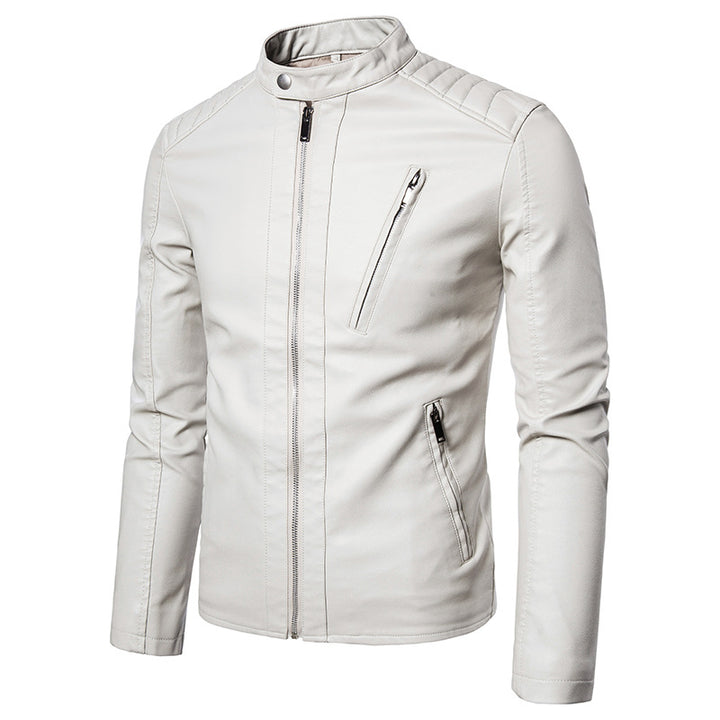 Men's Slim Faux Leather Biker Jacket with Stand-up Collar, Quilted Inserts and Zipper Pockets Mune Fashion