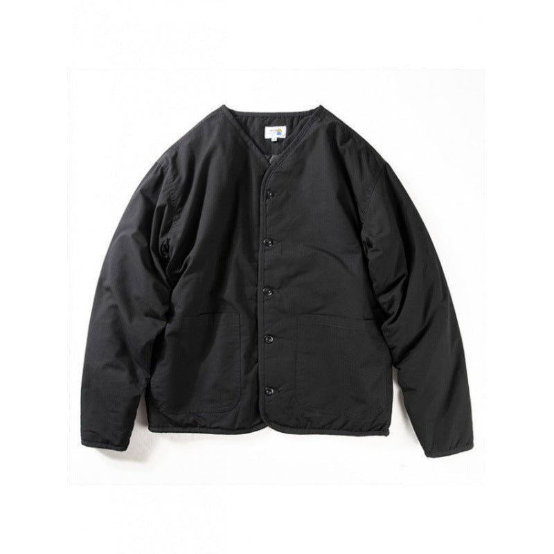 Men's light quilted collarless transitional jacket with button placket and patch pockets Mune Fashion