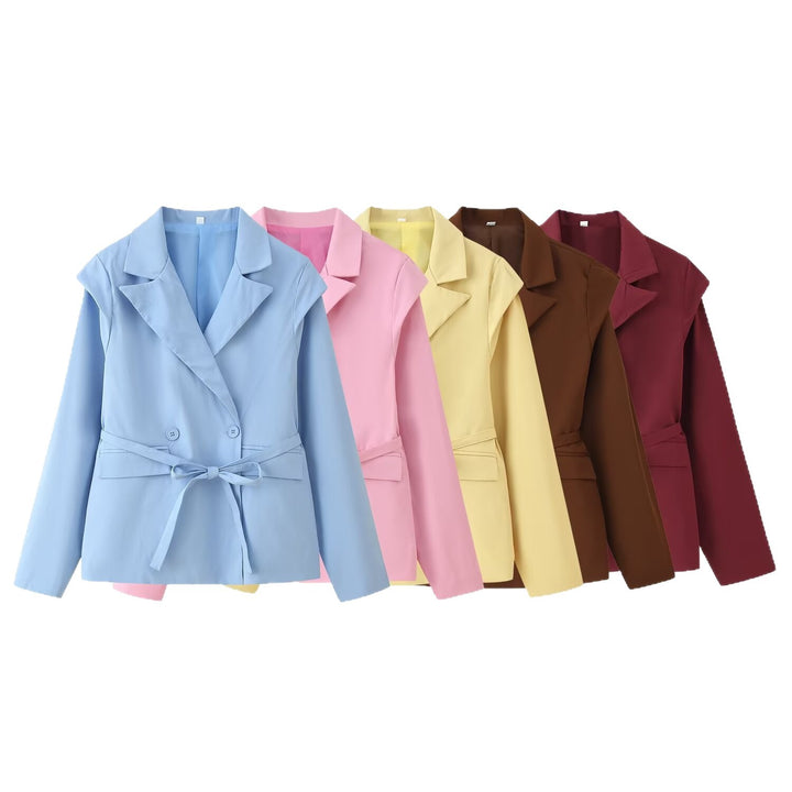 Women Tailored Belted Blazer with Double Button Placket and Notched Lapel Mune Fashion
