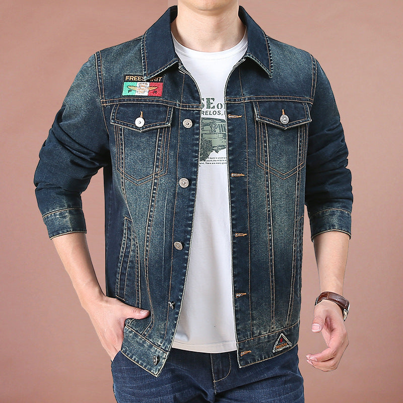 Men's jeans jacket in vintage look with patches and printed lining Mune Fashion
