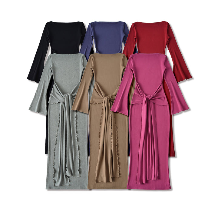 Ladies maxi dress made of ribbed knit with trumpet sleeves and waist knot detail Mune Fashion