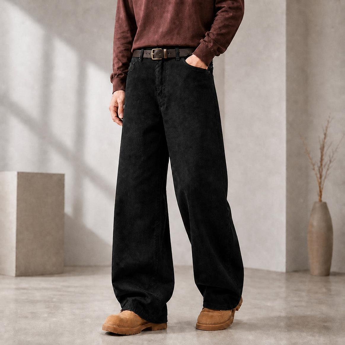 Men's Wide Cotton Jeans with High Waist and Five-Pocket Design Mune Fashion