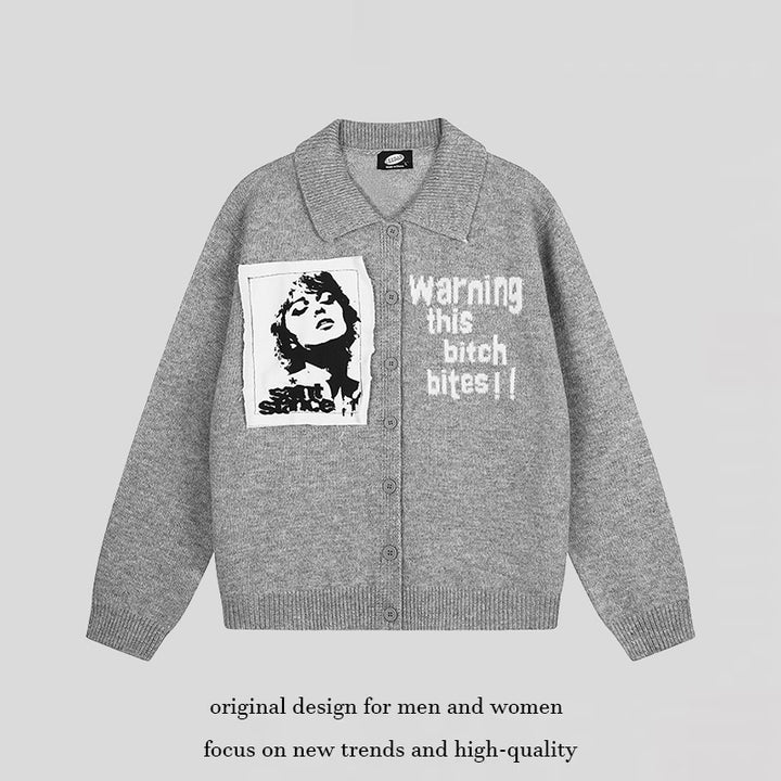 Women's knitted cardigan with shirt collar, button placket, and statement patch Mune Fashion